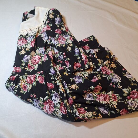 Lisa Petites Vintage 80s Black Floral Lace Bib Collared Neck Midi Dress Size 14 - Picture 10 of 11